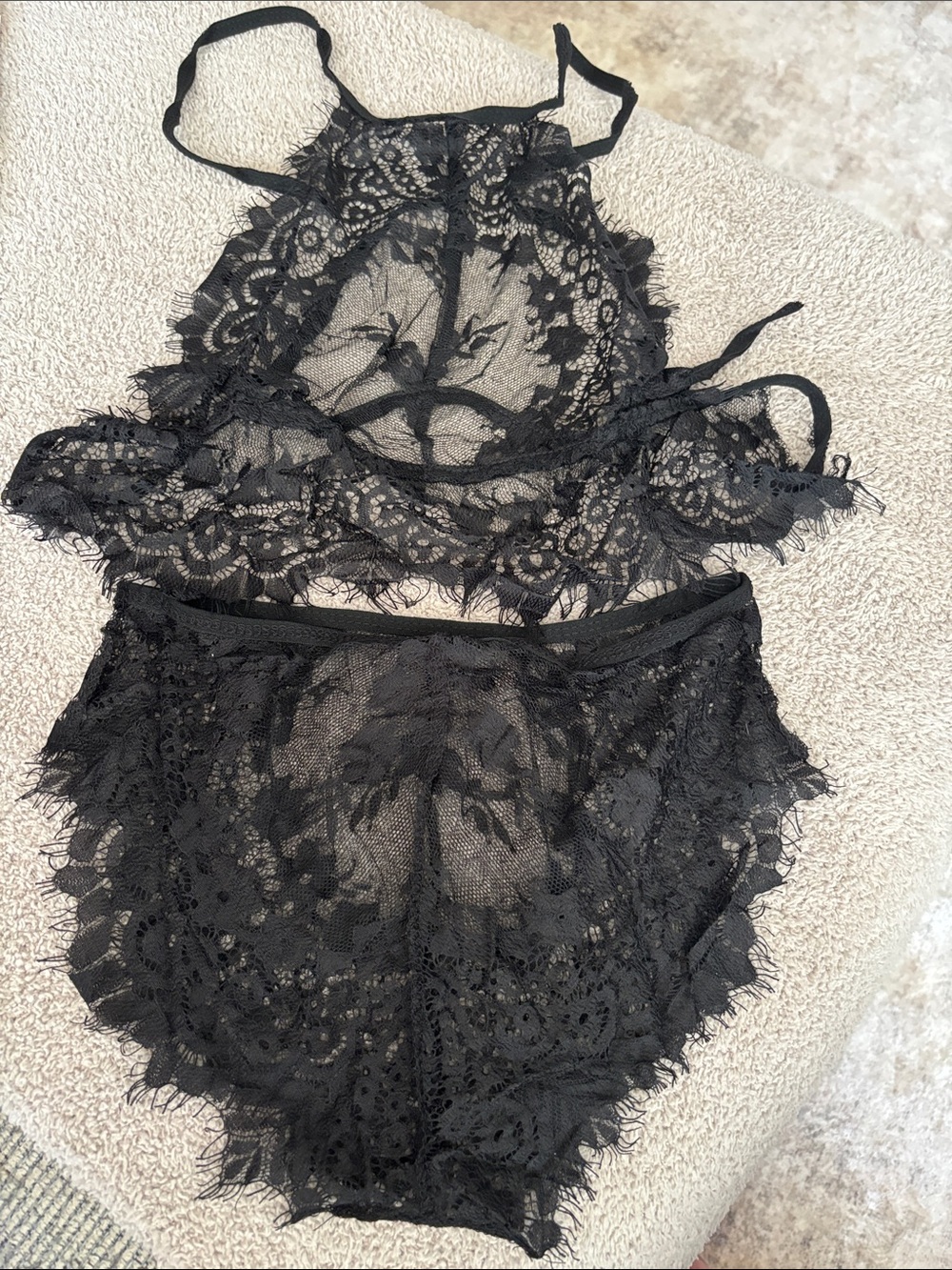 ☀️5/$20 woman’s  Black Eyelash Lace Lingerie Set – Sheer Halter Bralette
